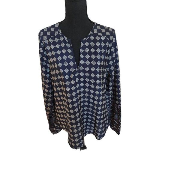 Harve Benard Womens Navy Blue Print Long Sleeve Blouse Medium - Picture 1 of 11